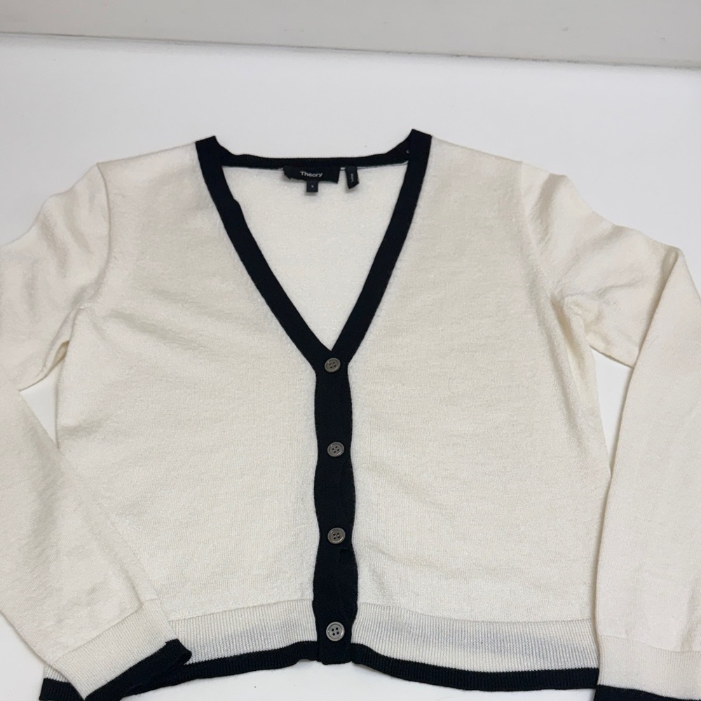 Theory Cream Cardigan with Black Trim